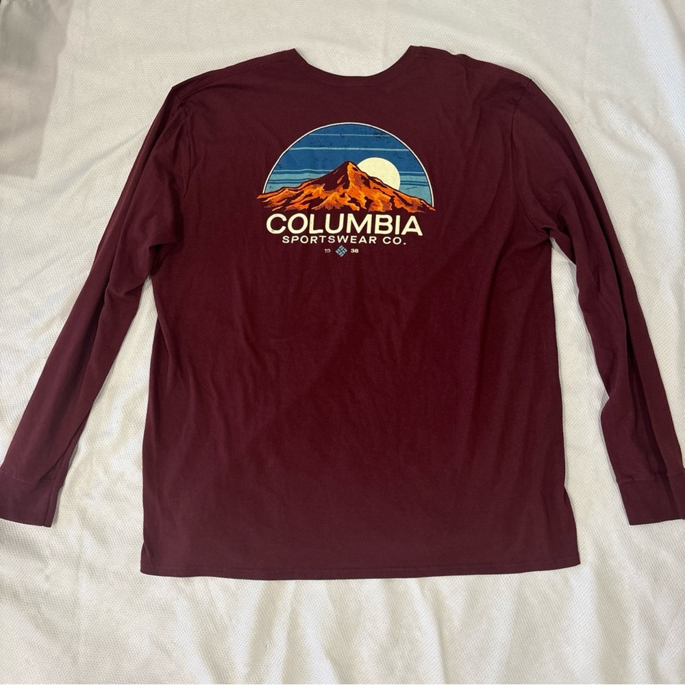 Columbia Men’s XXL Long Sleeve Maroon Shirt Mountains Logo Outdoors Hiking Camp